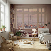 Window to Paris wallpaper mural showcasing hazy morning Paris rooftops.