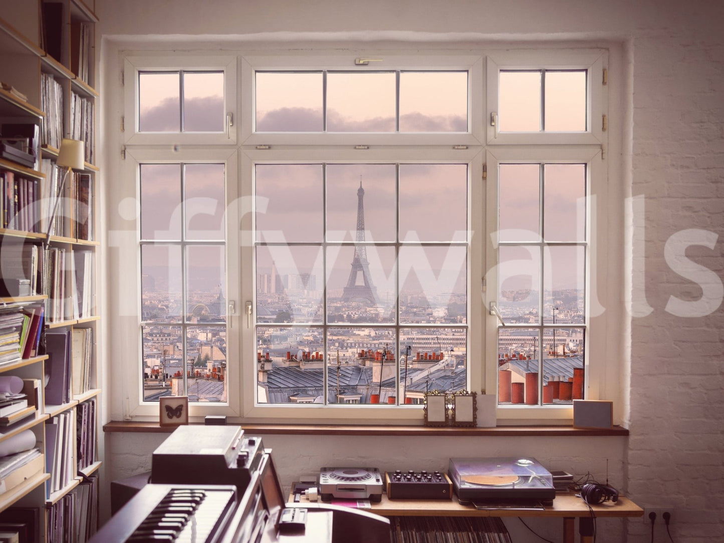 Charming French horizon peel and stick wallpaper labeled Window to Paris.