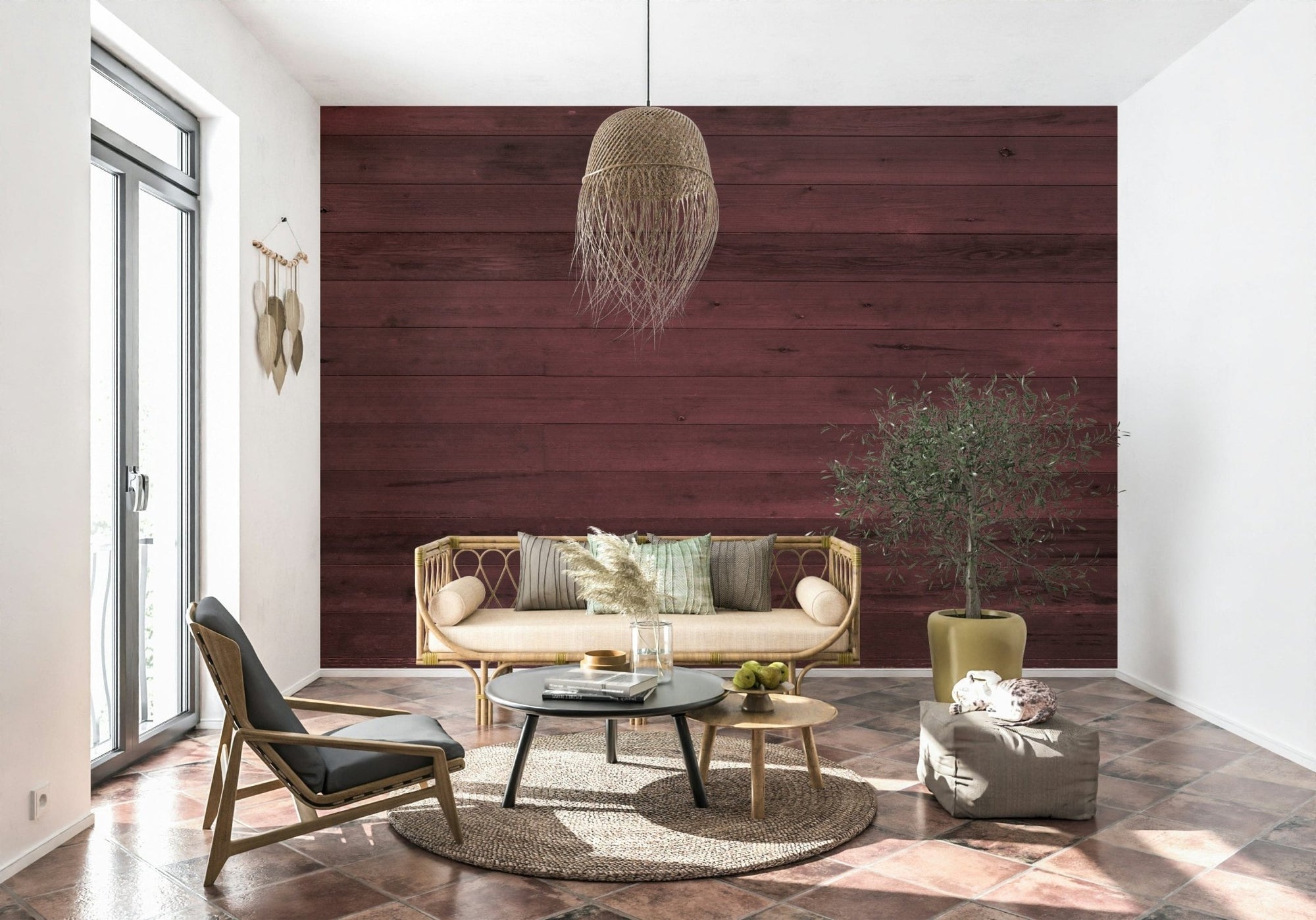 Living room Wine-Stained Wood Wall Mural dark rustic wood grain texture
