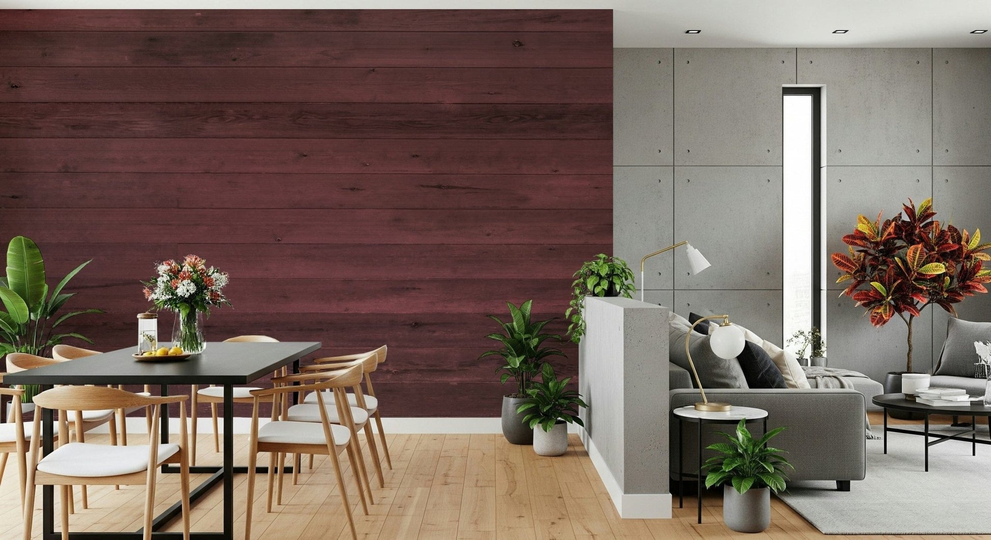 Dining way design Wine-Stained Wood Wall Mural textured dark wood finish