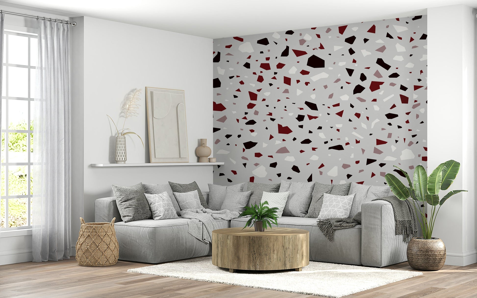 An artistic contemporary speckled mural on minimalist wallpaper.