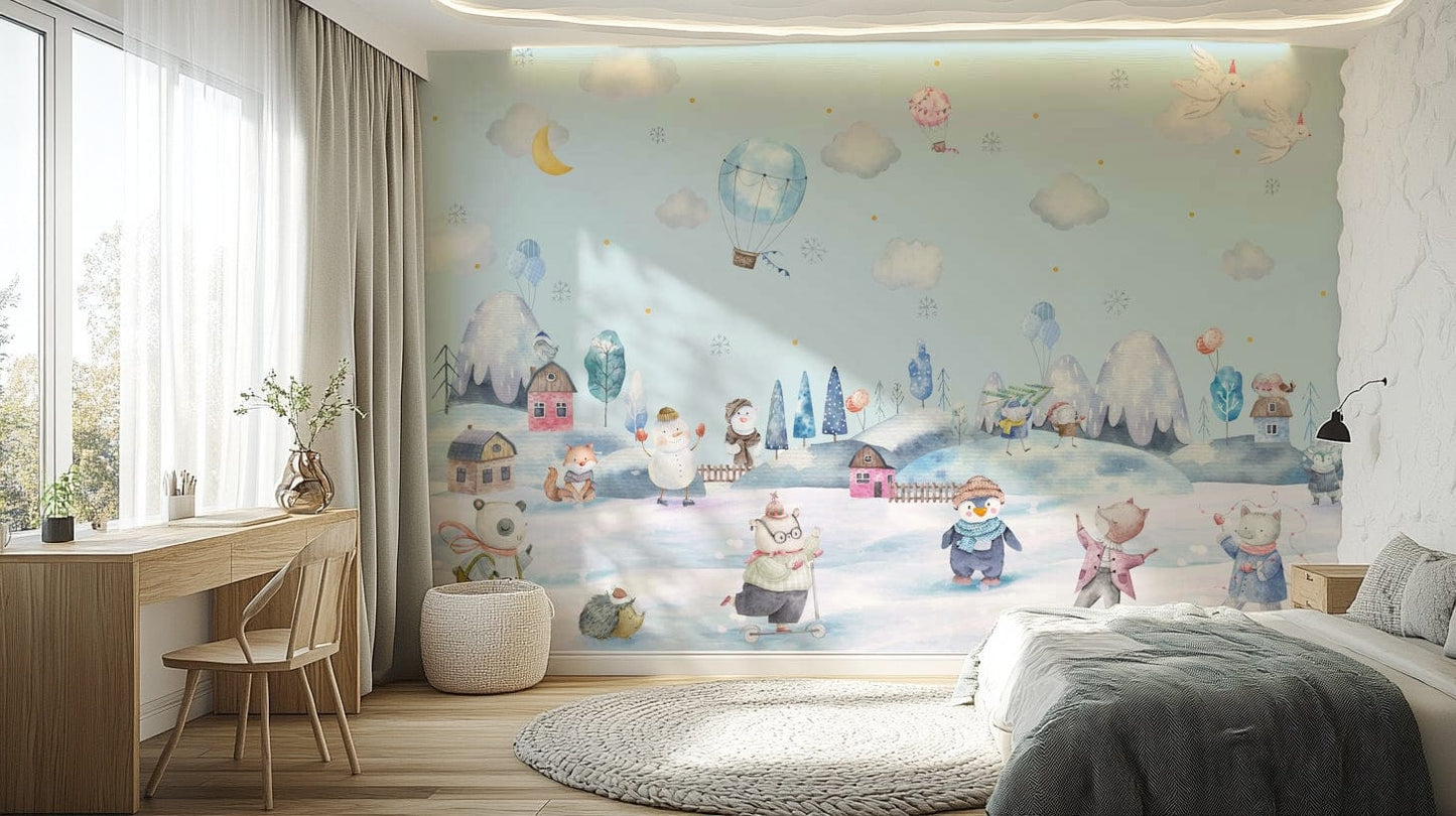 The colors are soft and gentle, with pale blues, whites, and grays.

