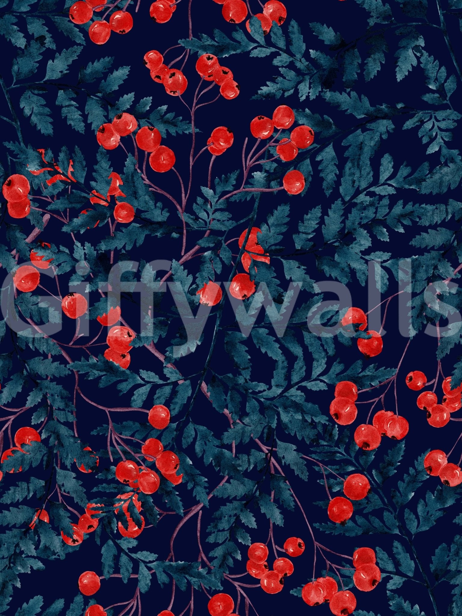 Winter Berries wallpaper close-up showing red berry clusters on teal ferns over a deep navy background