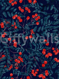 Winter Berries wallpaper close-up showing red berry clusters on teal ferns over a deep navy background