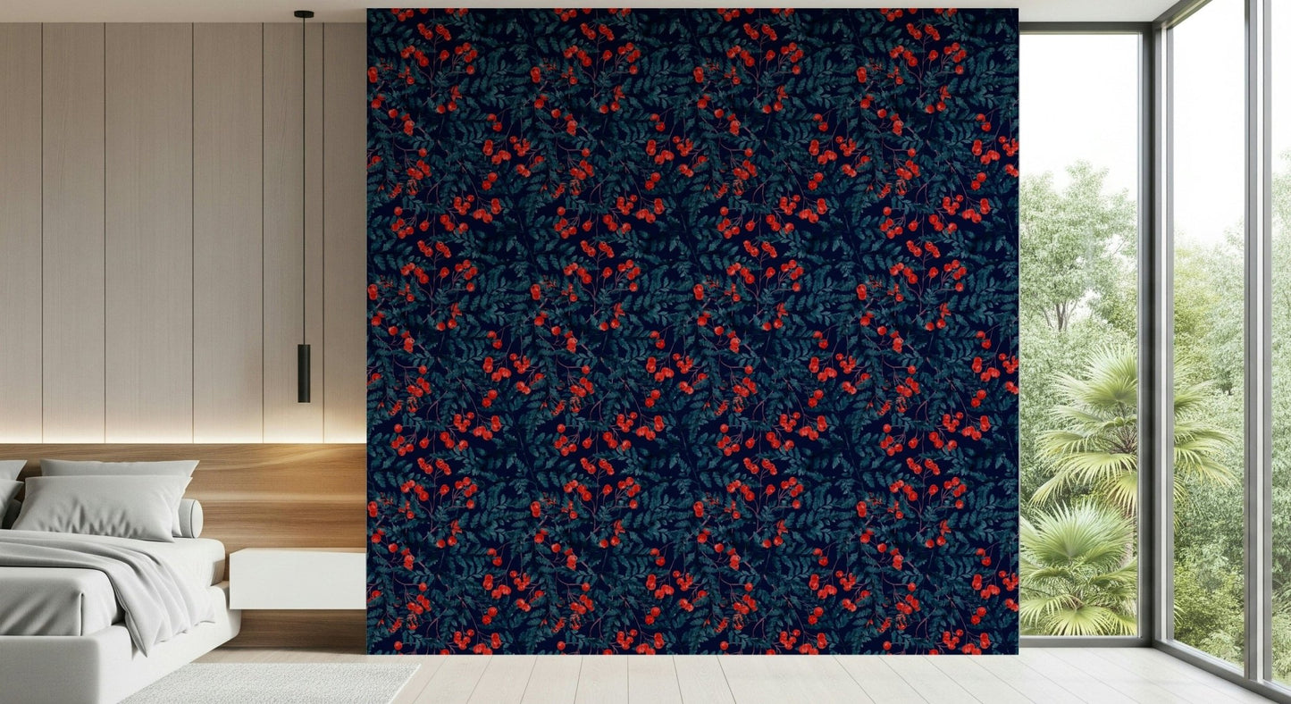 Winter Berries wallpaper in navy with red berries behind a white platform bed with a garden view