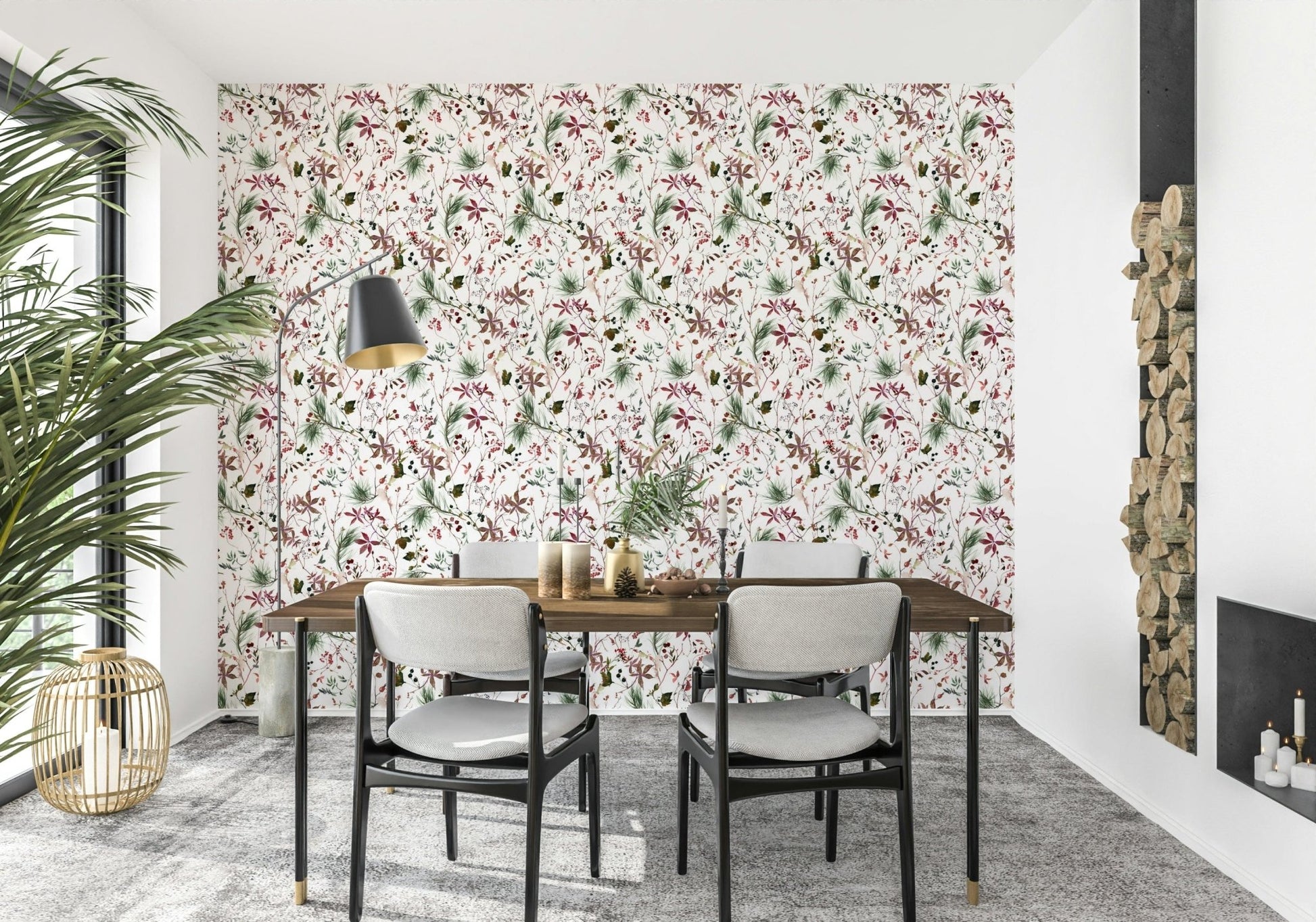 Artistic Winter Berries Watercolor wall covering design