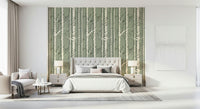 Birch tree mural in soft winter tones adding a tranquil, natural vibe to any space.