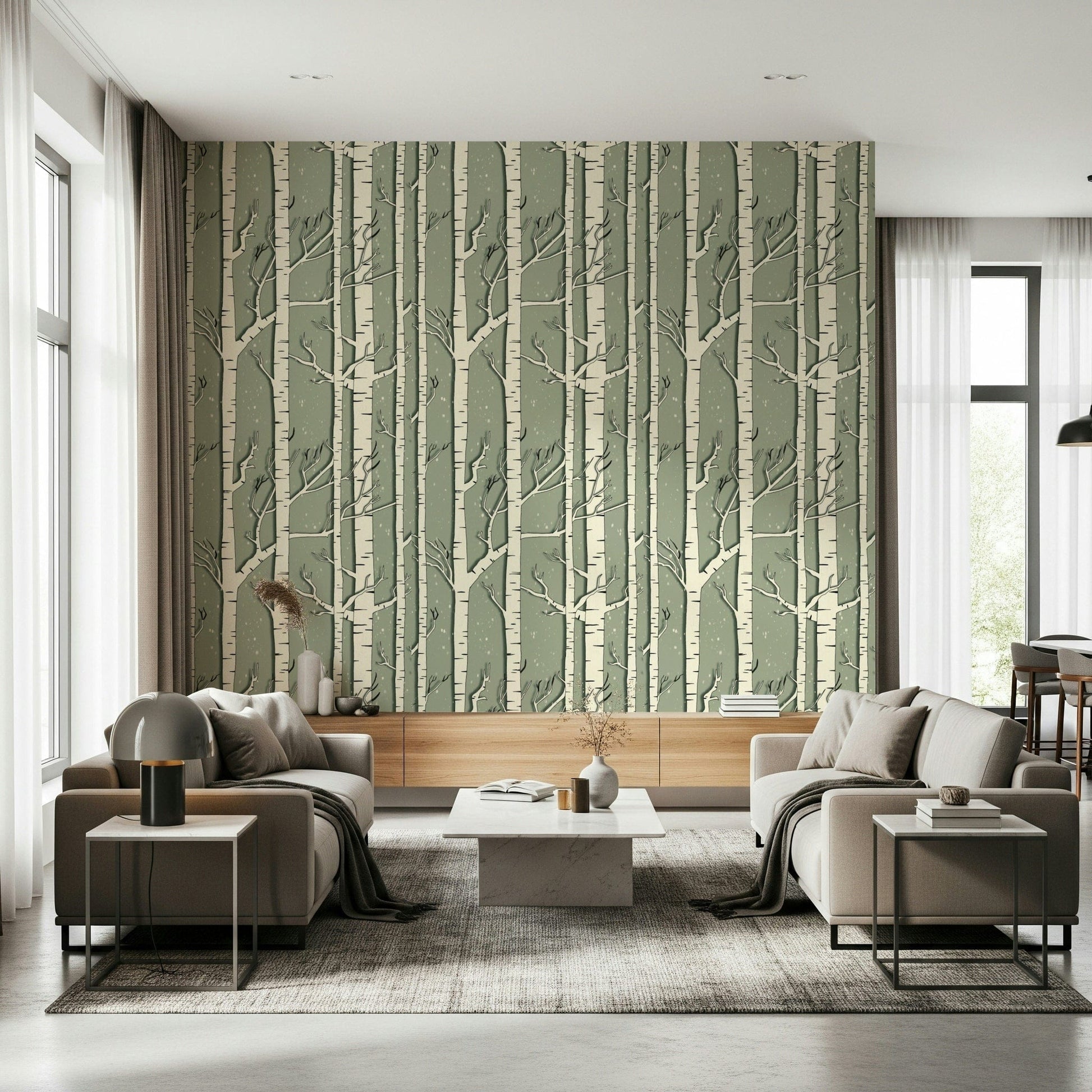 Winter Birch Whispers wallpaper featuring delicate birch trees in a serene winter landscape.