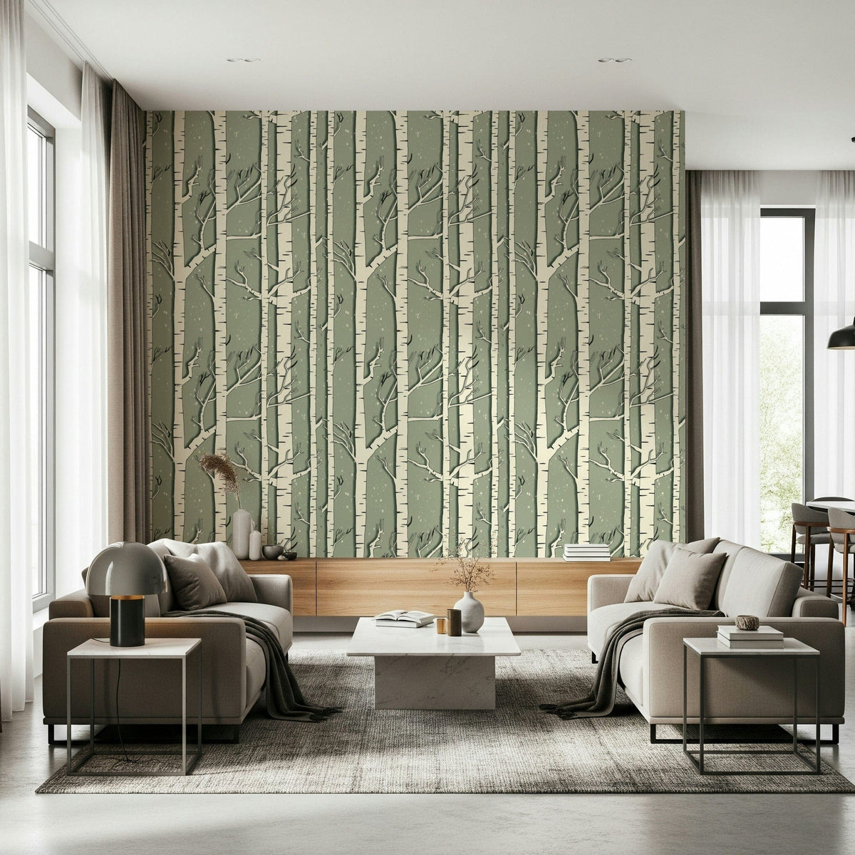 Winter Birch Whispers wallpaper featuring delicate birch trees in a serene winter landscape.