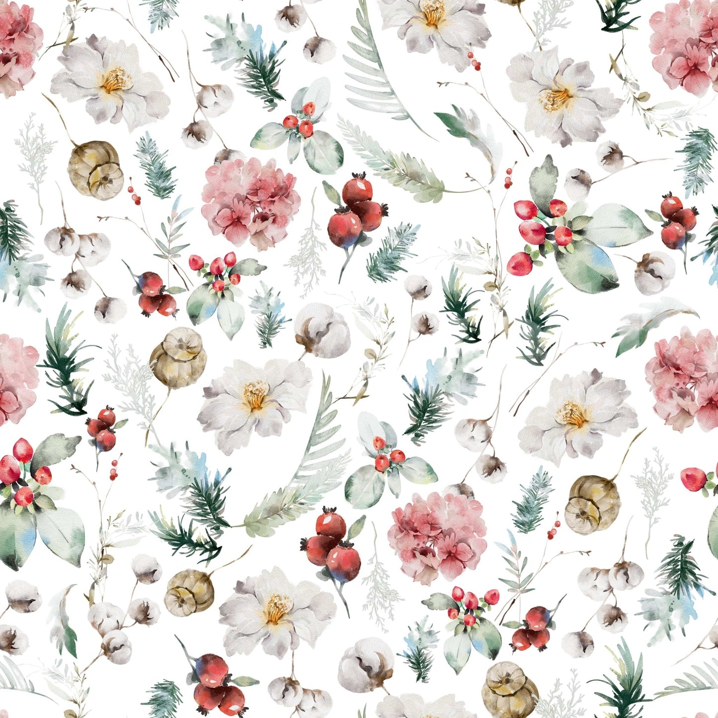 Watercolor foliage and cotton Winter Bloom Watercolor wall art.