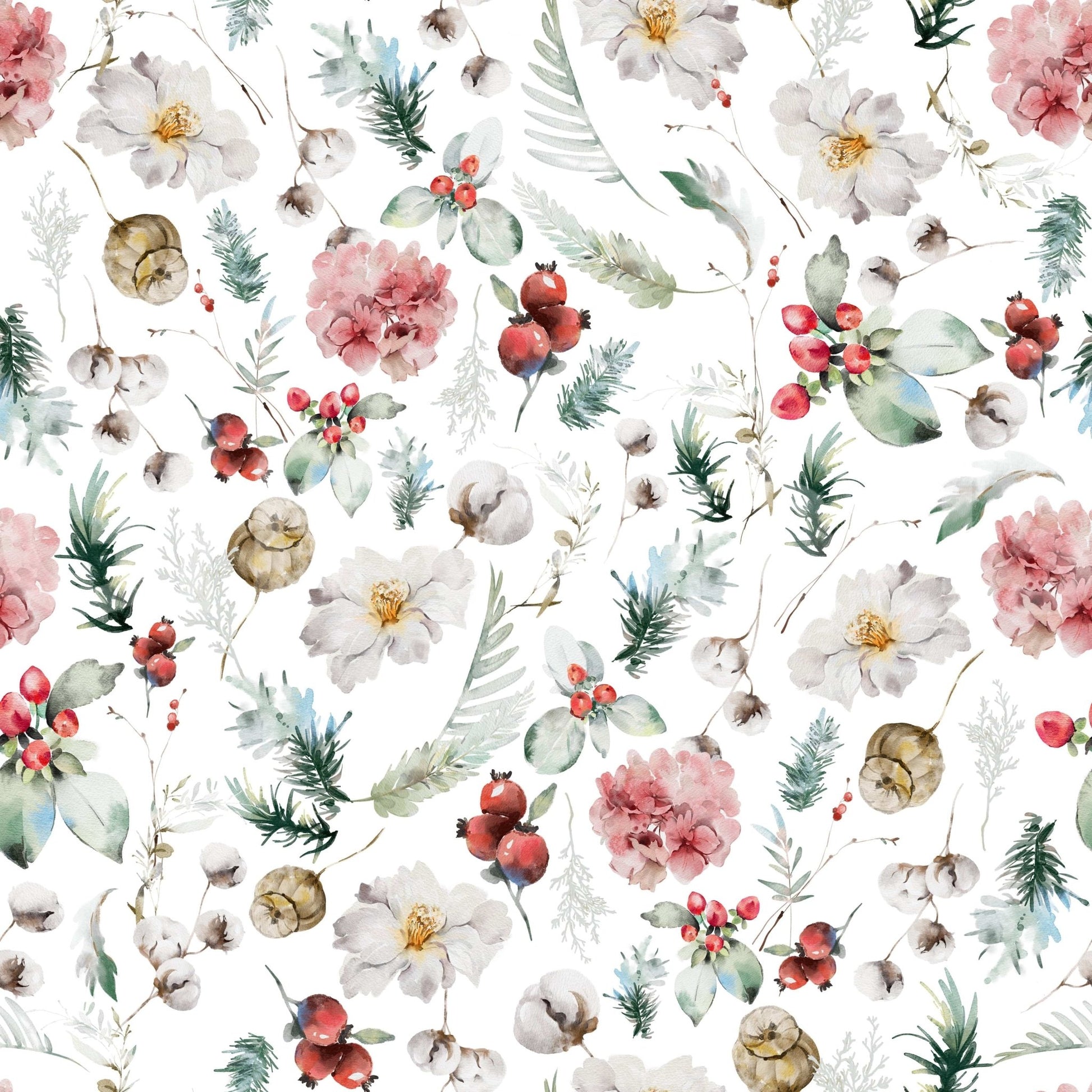 Watercolor foliage and cotton Winter Bloom Watercolor wall art.