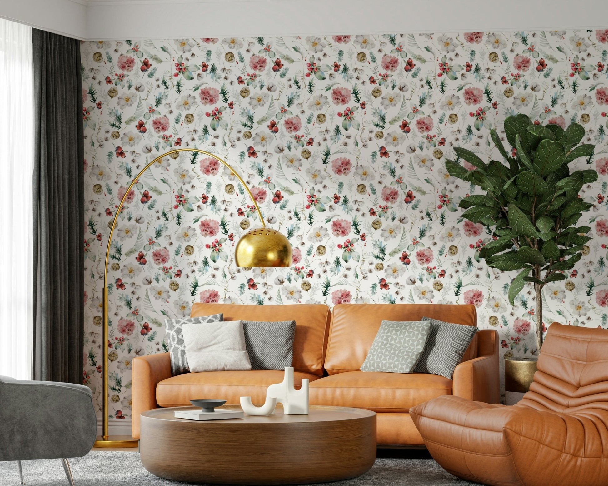 Cozy Winter Bloom Watercolor wallpaper with cotton and fir.