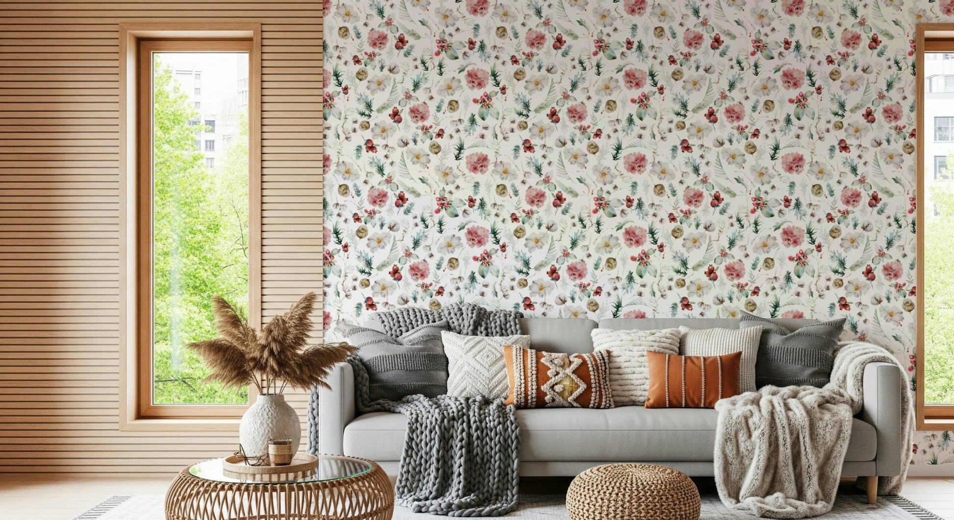 Winter Bloom Watercolor wallpaper mural with unique flowers.