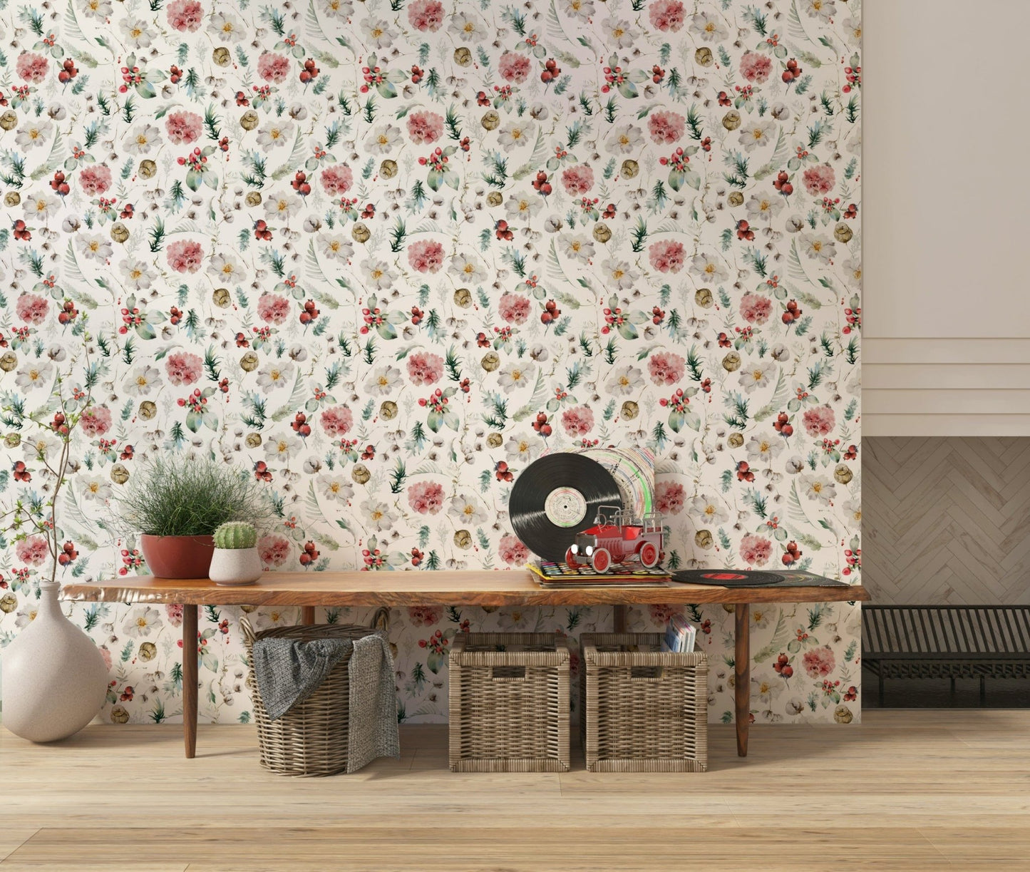 Winter Bloom Watercolor wall mural, blush floral pattern.