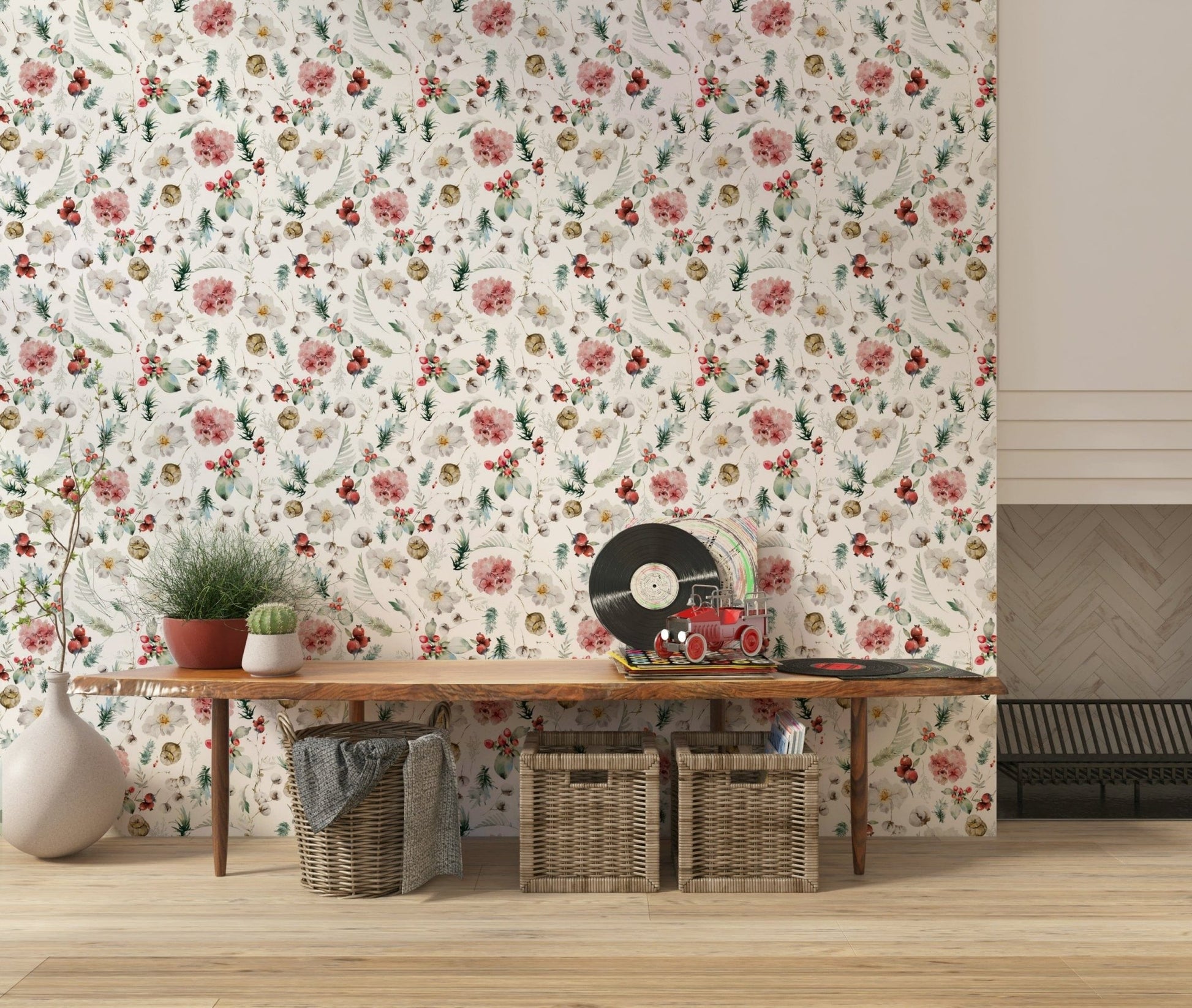 Winter Bloom Watercolor wall mural, blush floral pattern.
