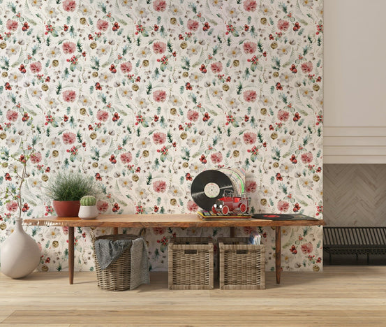 Winter Bloom Watercolor wall mural, blush floral pattern.