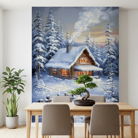 Winter Cabin Retreat wallpaper mural behind a wood dining table with beige chairs and a bonsai tree