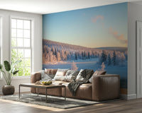 Rustic winter cabin mural on feature wall, modern apartment decor in cool color tones