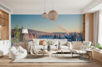 Winter forest cabin mural for bedroom feature wall, muted grey and white tones