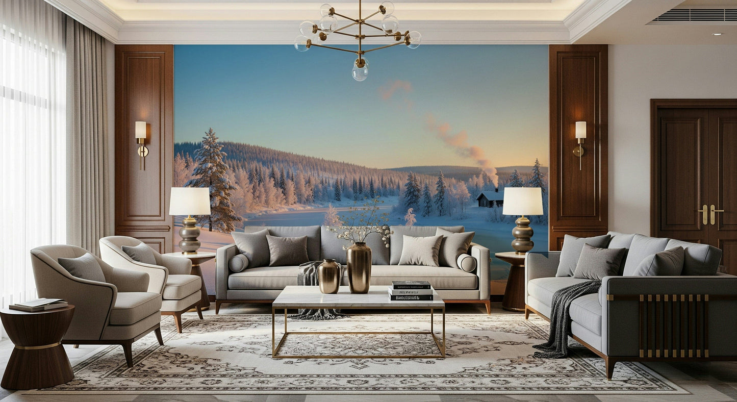 Cabin lights in snowy woods wallpaper for hallway, subtle grey-blue winter tones