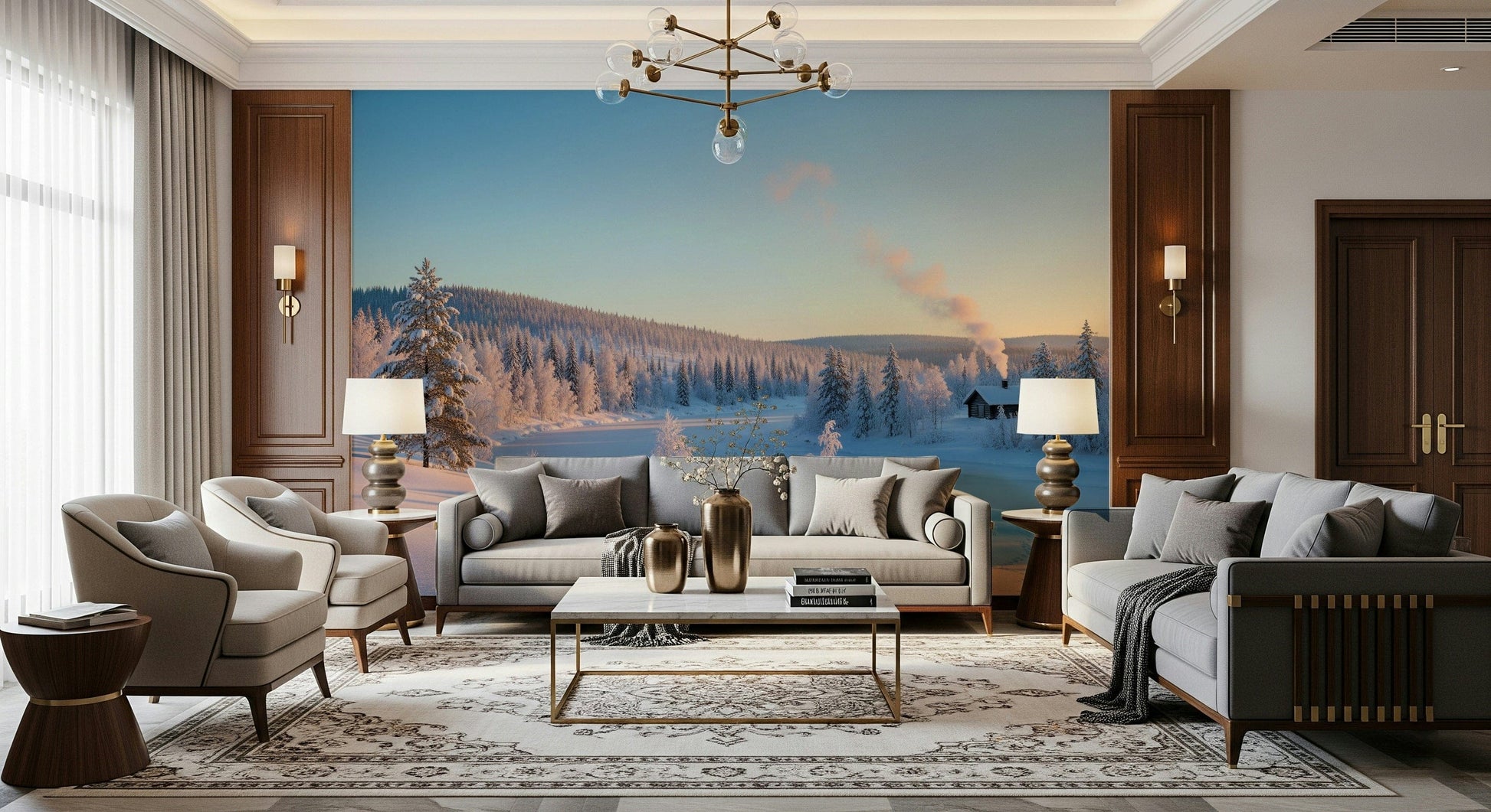 Cabin lights in snowy woods wallpaper for hallway, subtle grey-blue winter tones