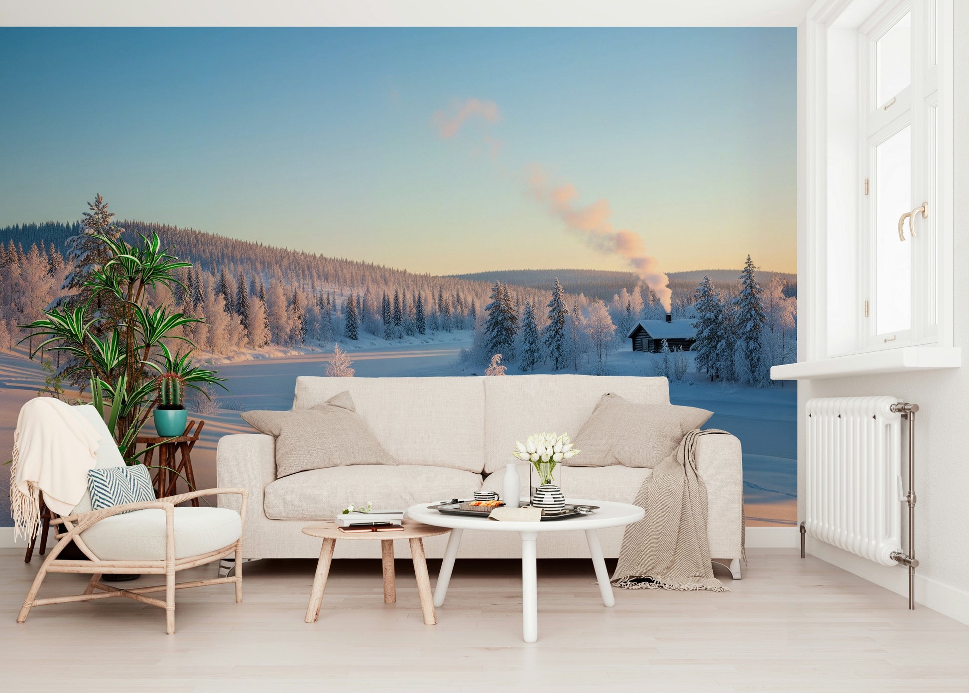 Snow-covered cabin mural for office wall decor, neutral color palette, minimalist look