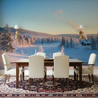 Cozy cabin in snow wallpaper for bedroom, soft light glow and quiet winter mood