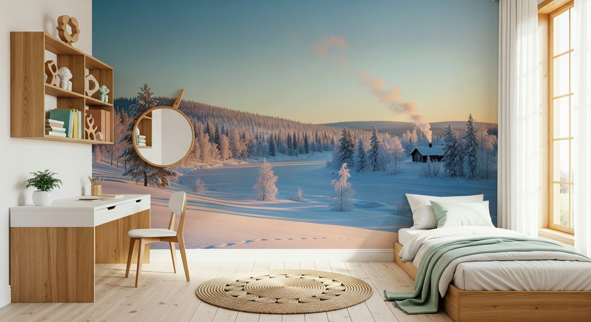 Winter cabin and forest mural for home office, clean modern style, soft color contrast