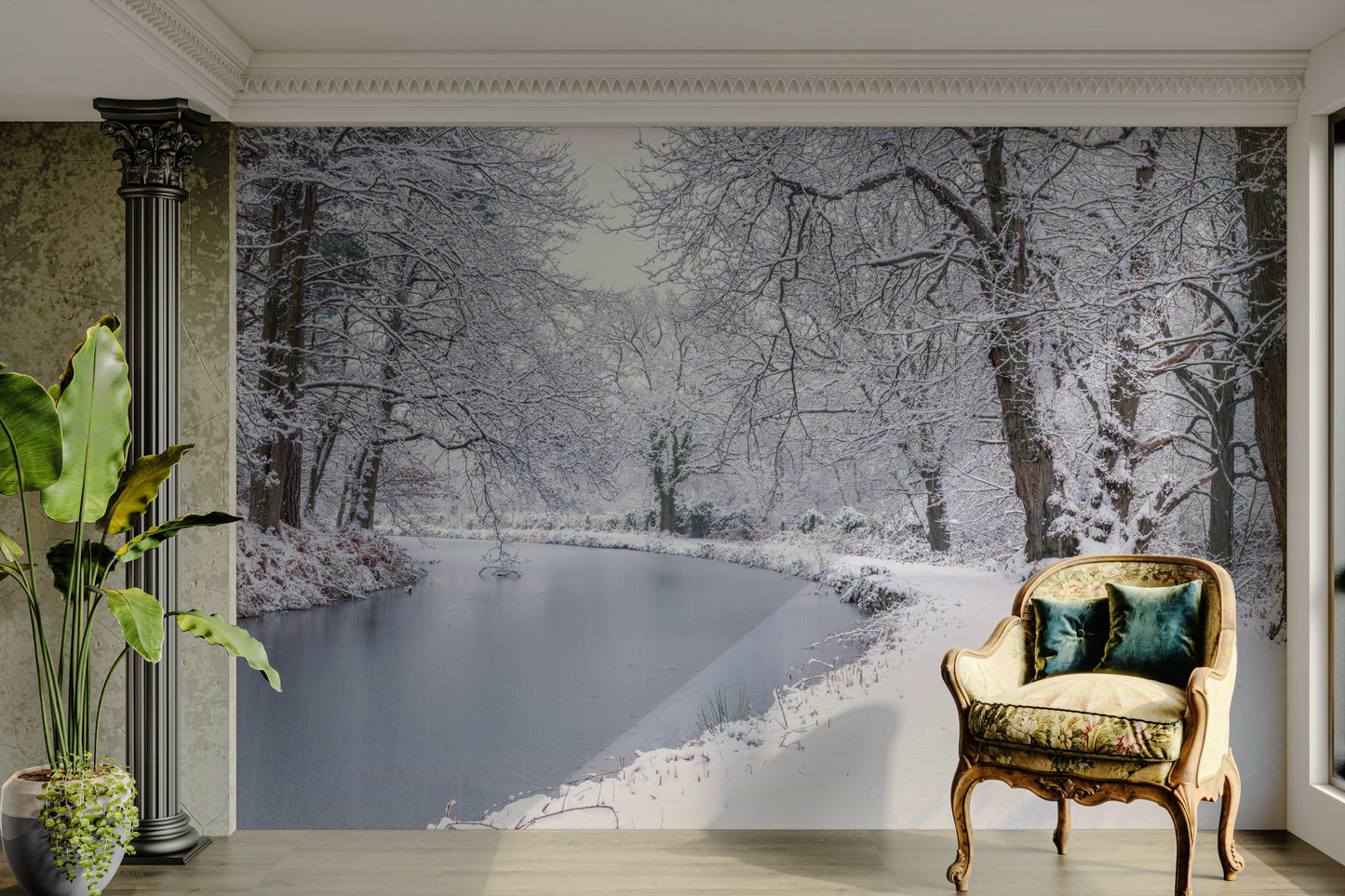 A close-up of the delicate buildings and snow.

