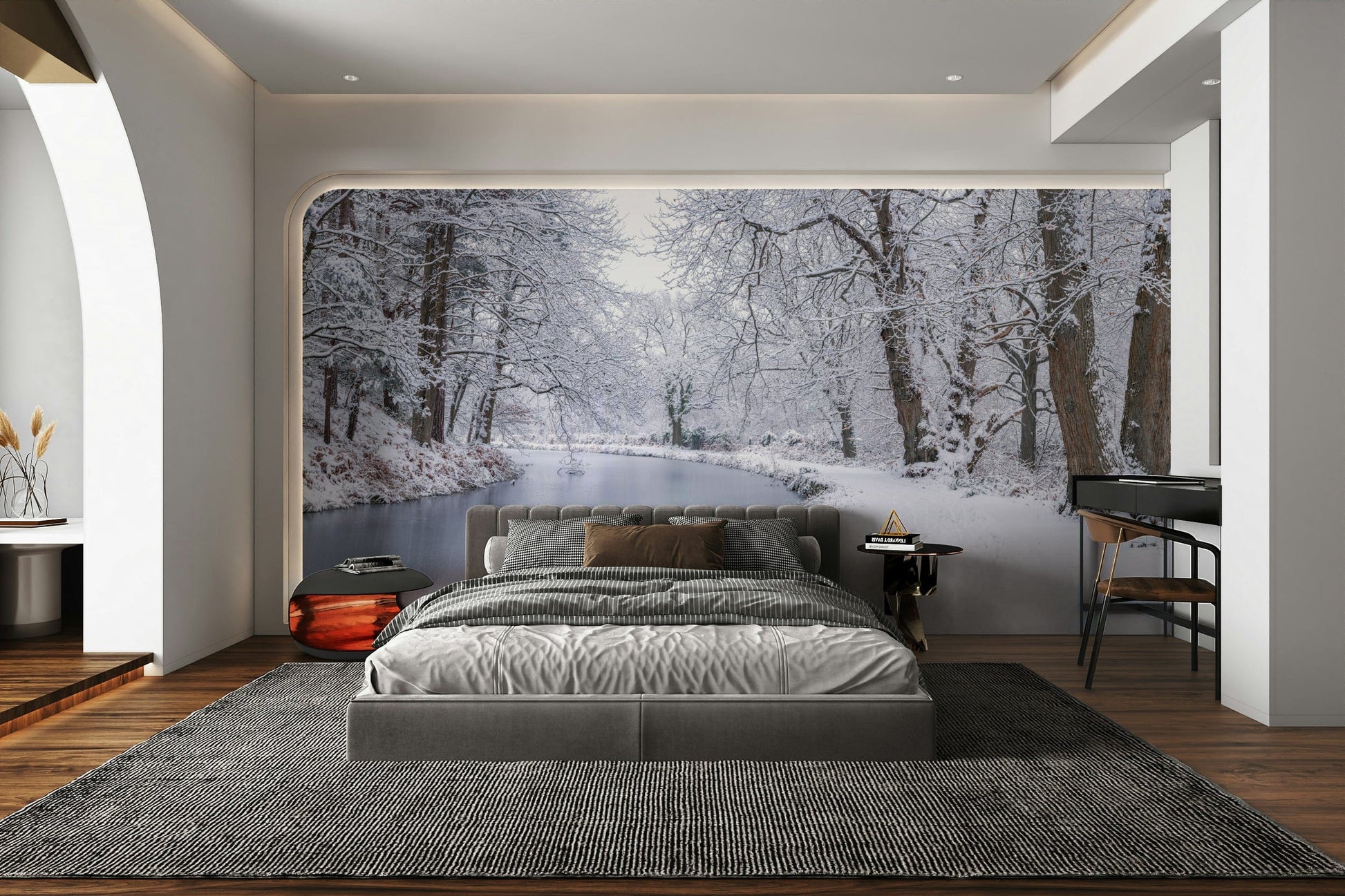 Wall mural of a snowy canal scene.


