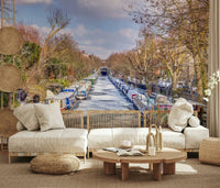 Icy Thames riverscape wall mural behind sofa in a modern apartment lounge