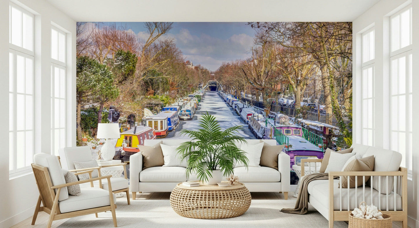 Cool-toned London canal mural for apartment bedroom, scenic feature wall