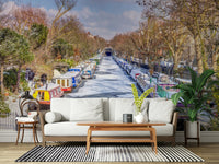 Frosted London canal mural in modern living room, cool blue wall decor
