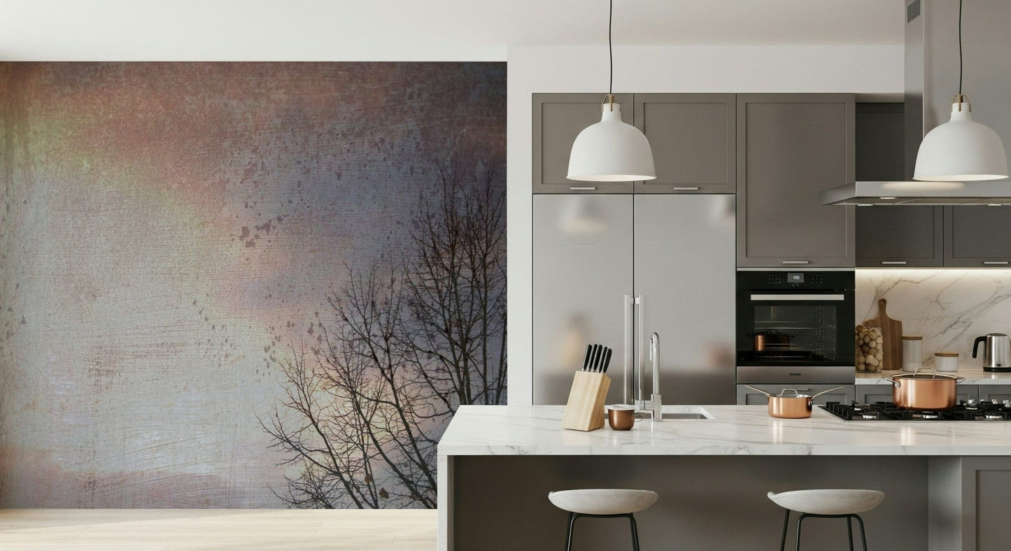 Moody winter landscape wall mural in muted hues