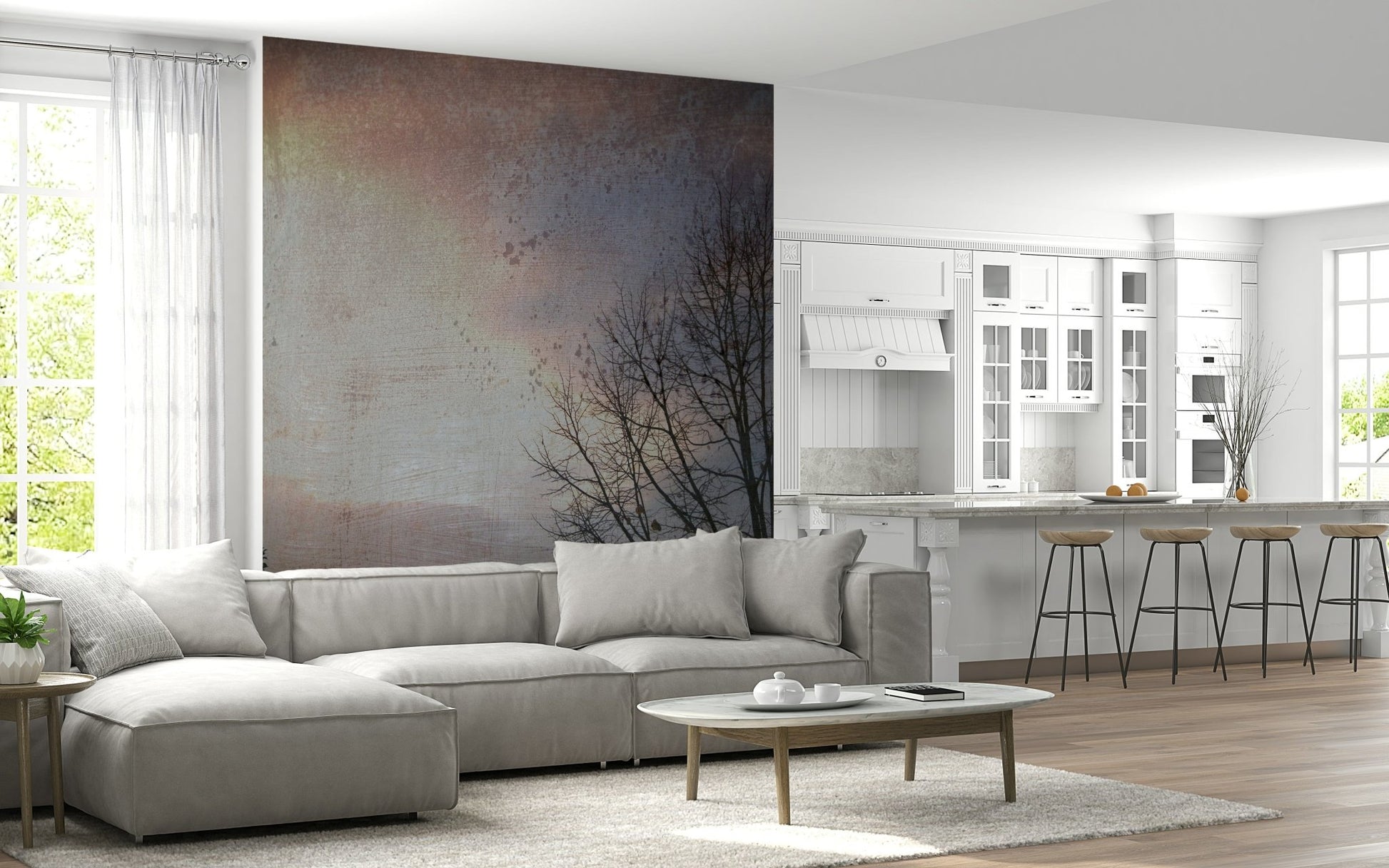 Frosty sky tones wall mural with leafless branches