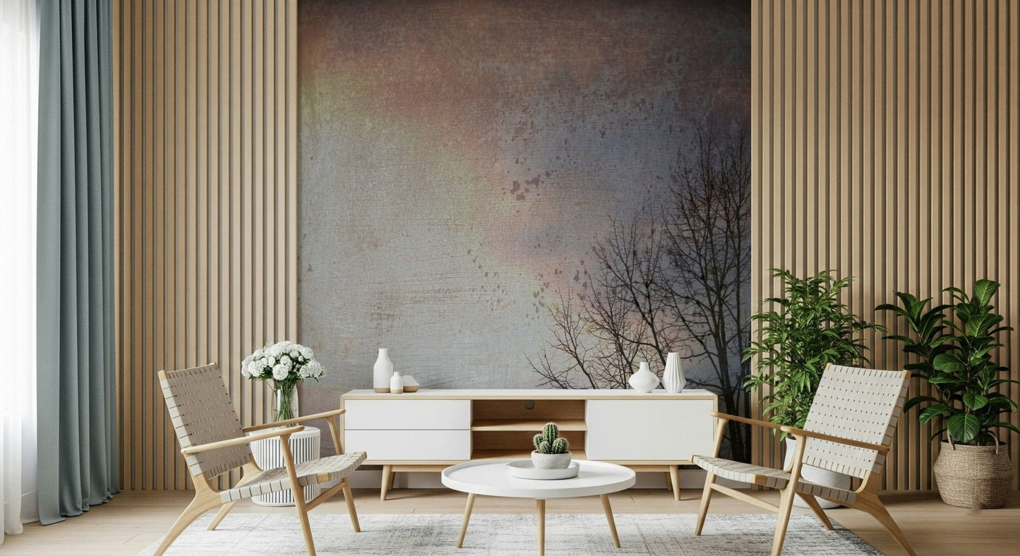 Leafless tree winter wall mural in soft grey pink