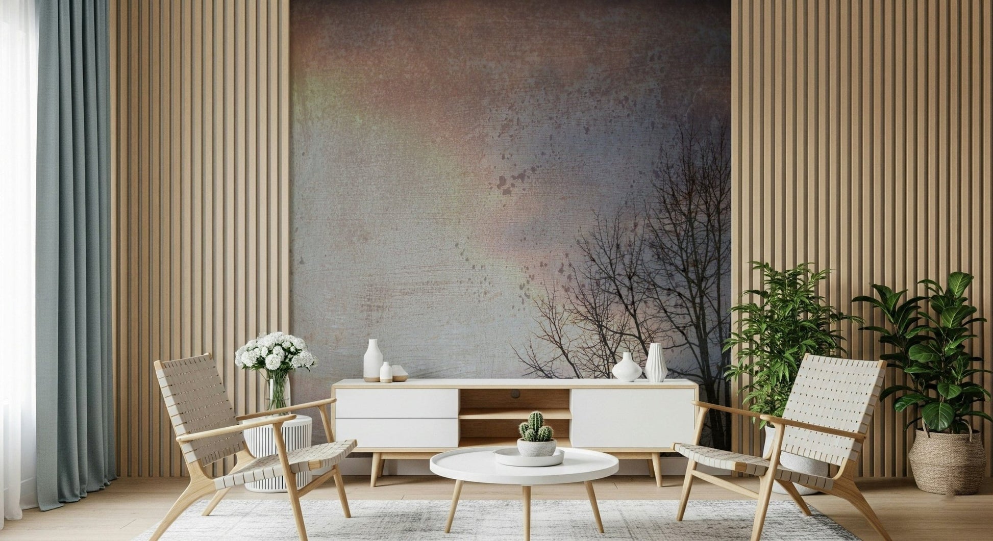 Leafless tree winter wall mural in soft grey pink