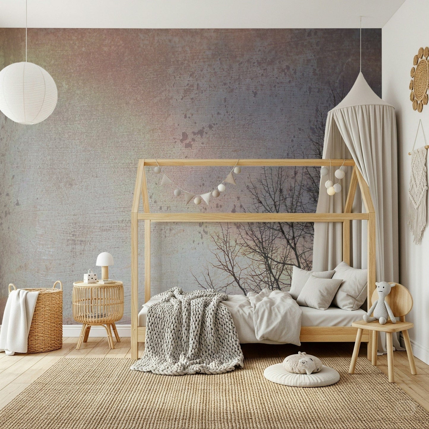 Quiet winter horizon wall mural with stark trees