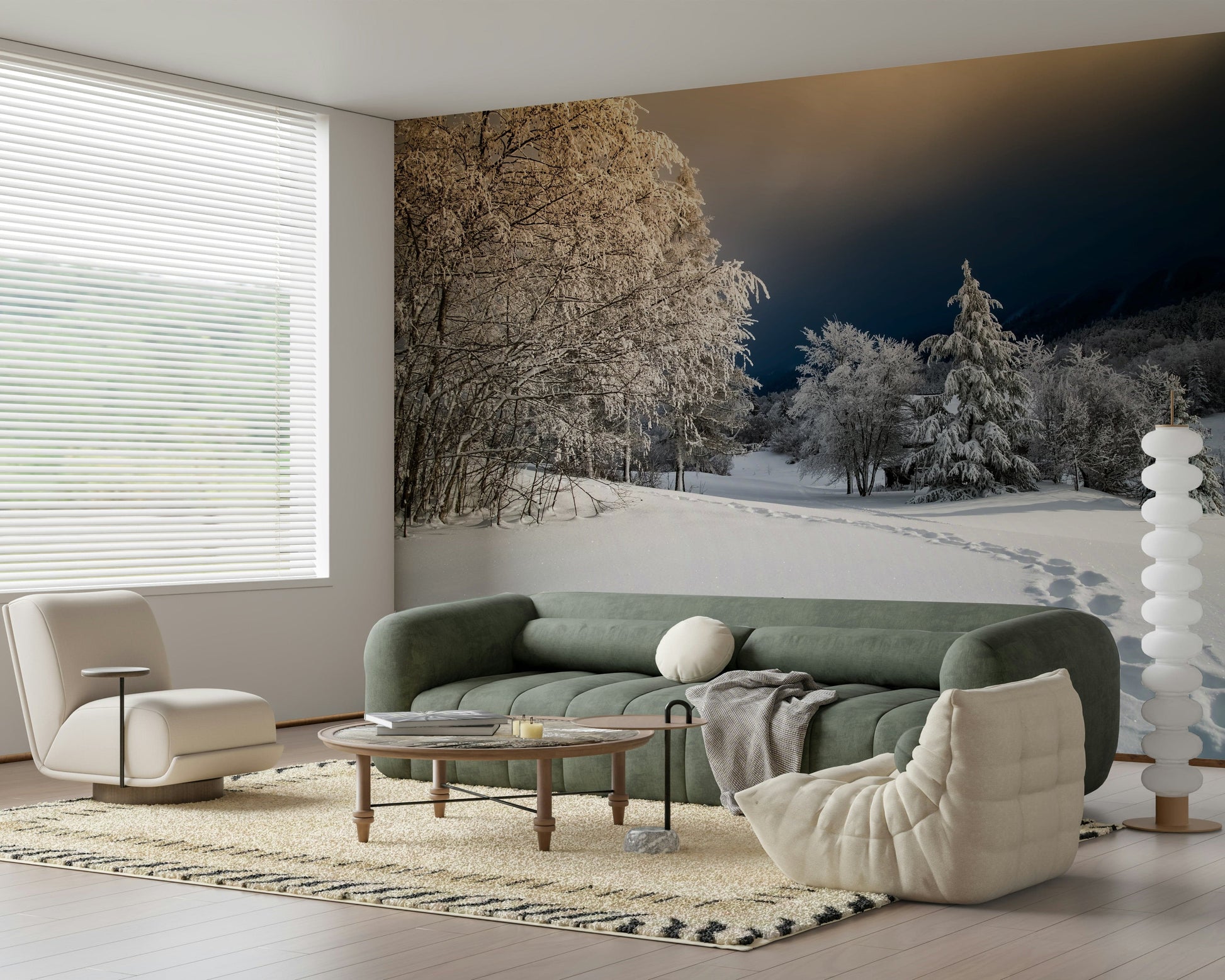 Frozen Footsteps winter trail wallpaper mural, snowy forest path scene.