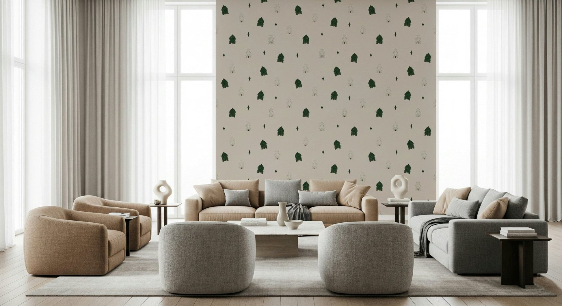 Dreamlike winter woodland mural with gentle snowfall and muted tones.