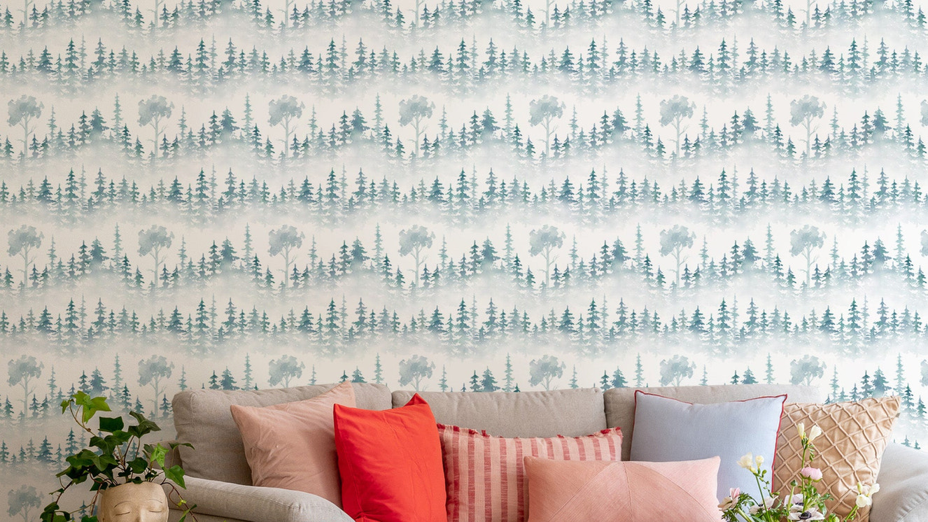 Subtle white fog winter forest mural