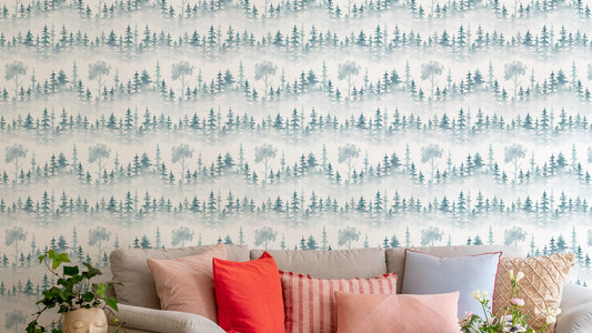 Subtle white fog winter forest mural