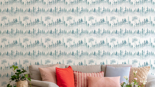 Subtle white fog winter forest mural