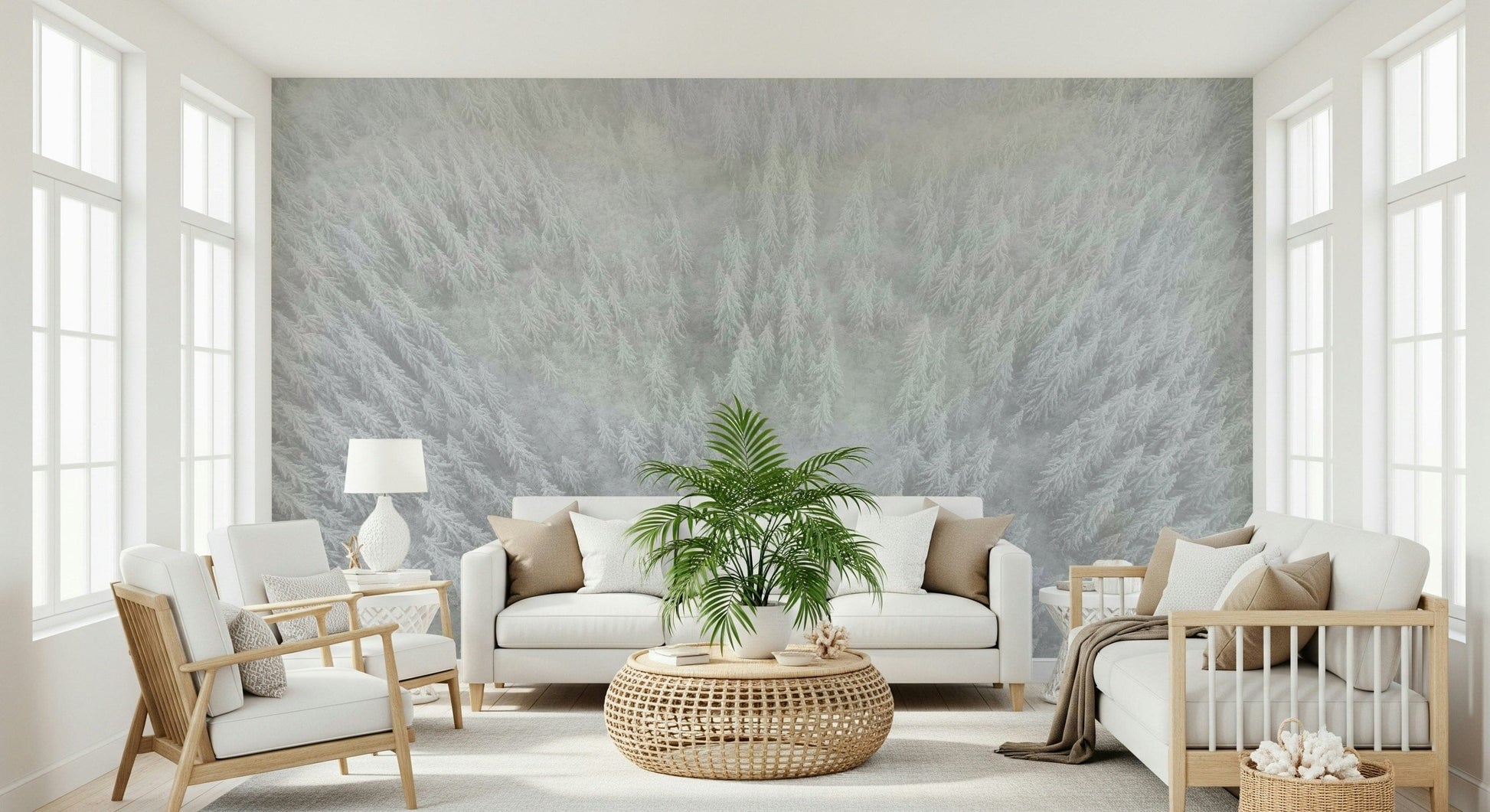 Aerial snow Frosted forest, high view of frosty trees, crisp winter wallpaper for walls.