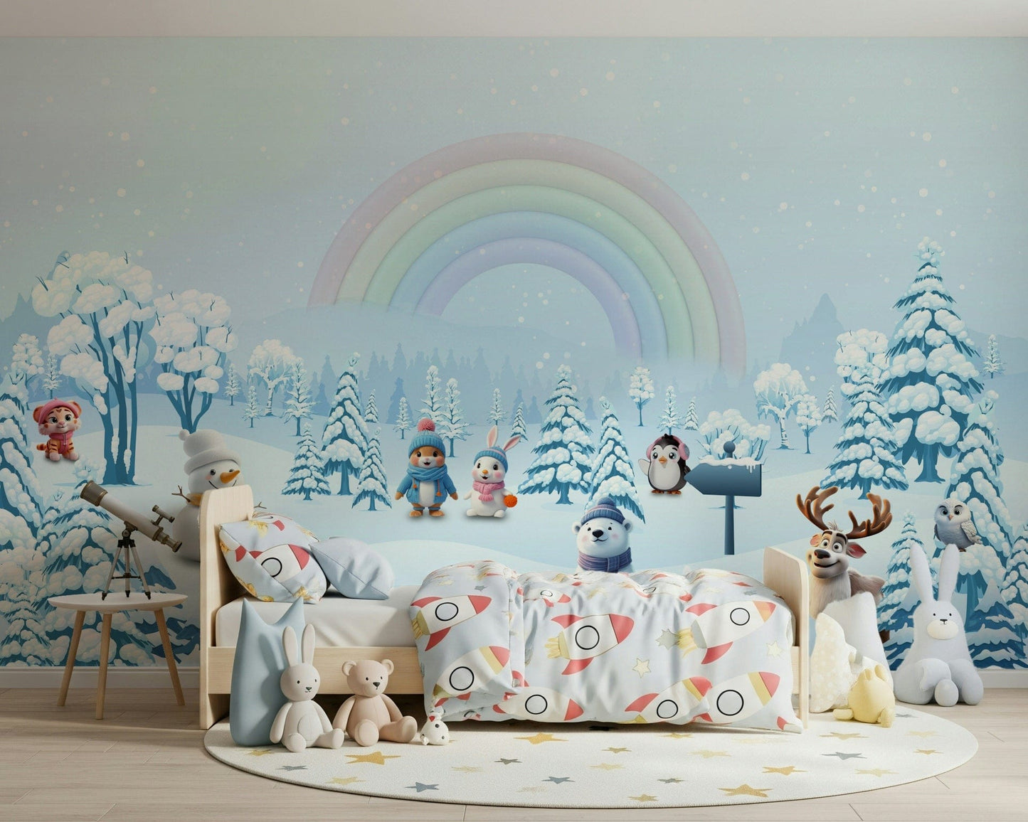 Nursery changing area with pastel rainbow mural wallpaper.