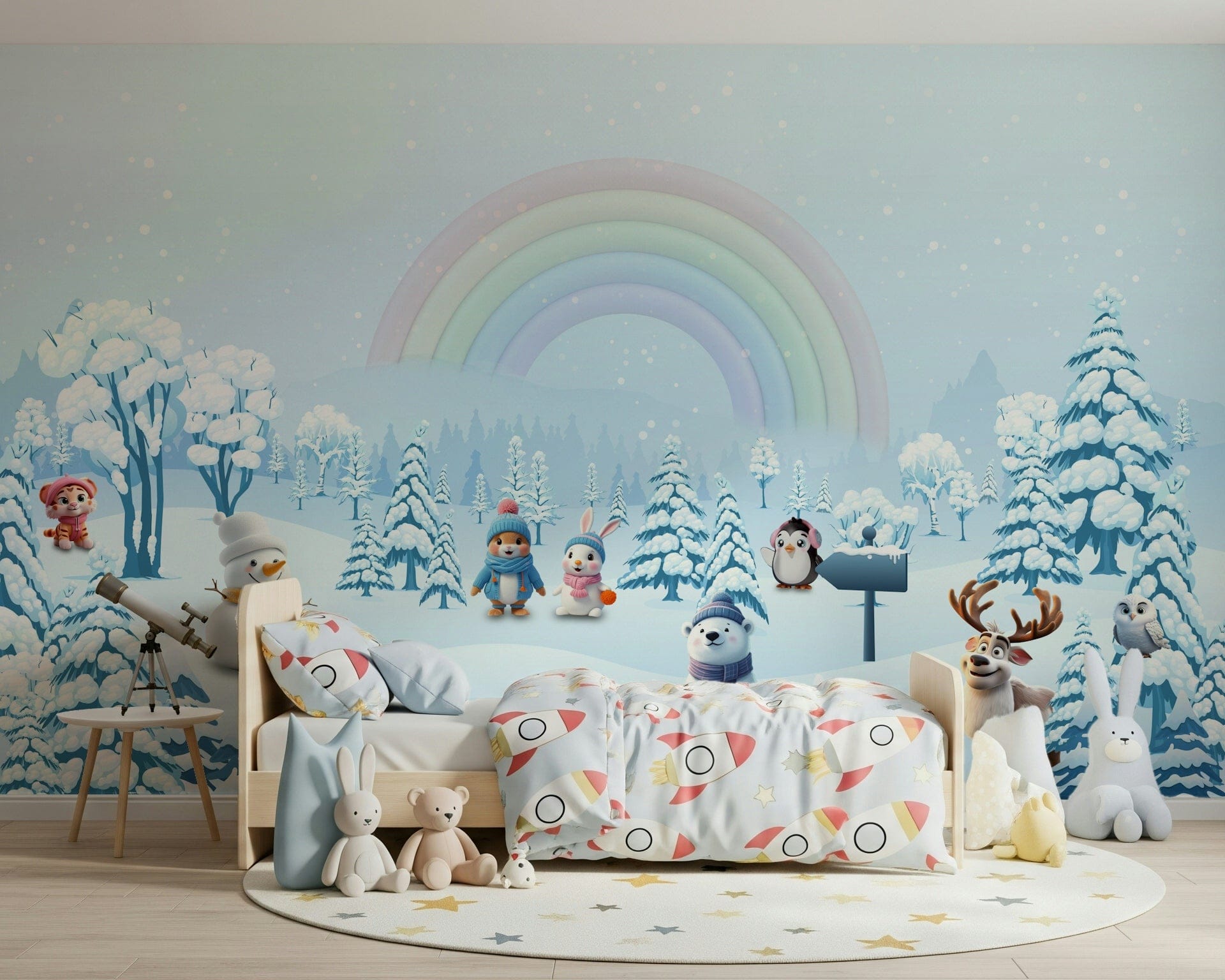 Nursery changing area with pastel rainbow mural wallpaper.