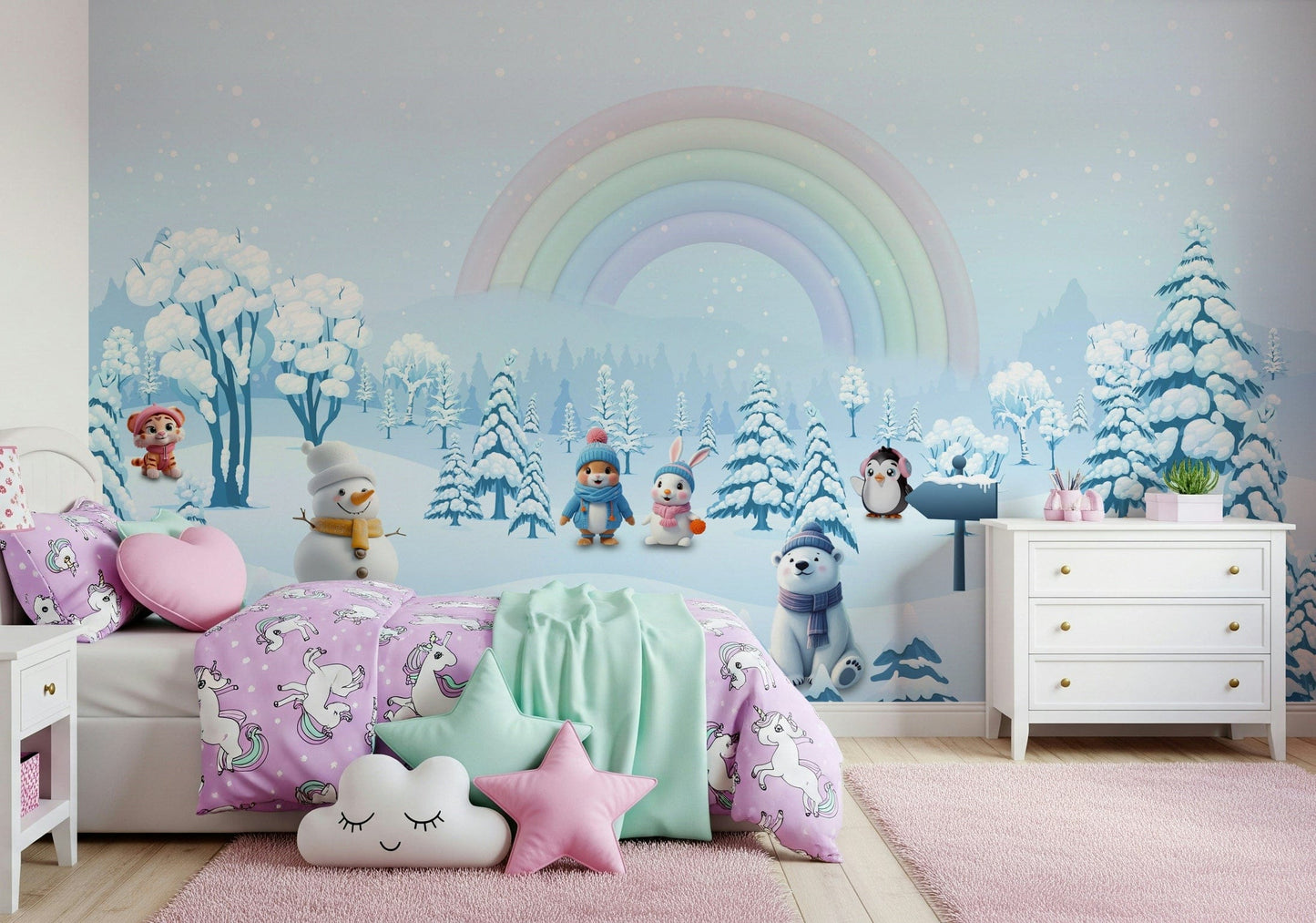 Toddler play space with winter rainbow mural wallpaper.