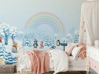 Bedroom feature wall with winter animal friends mural.