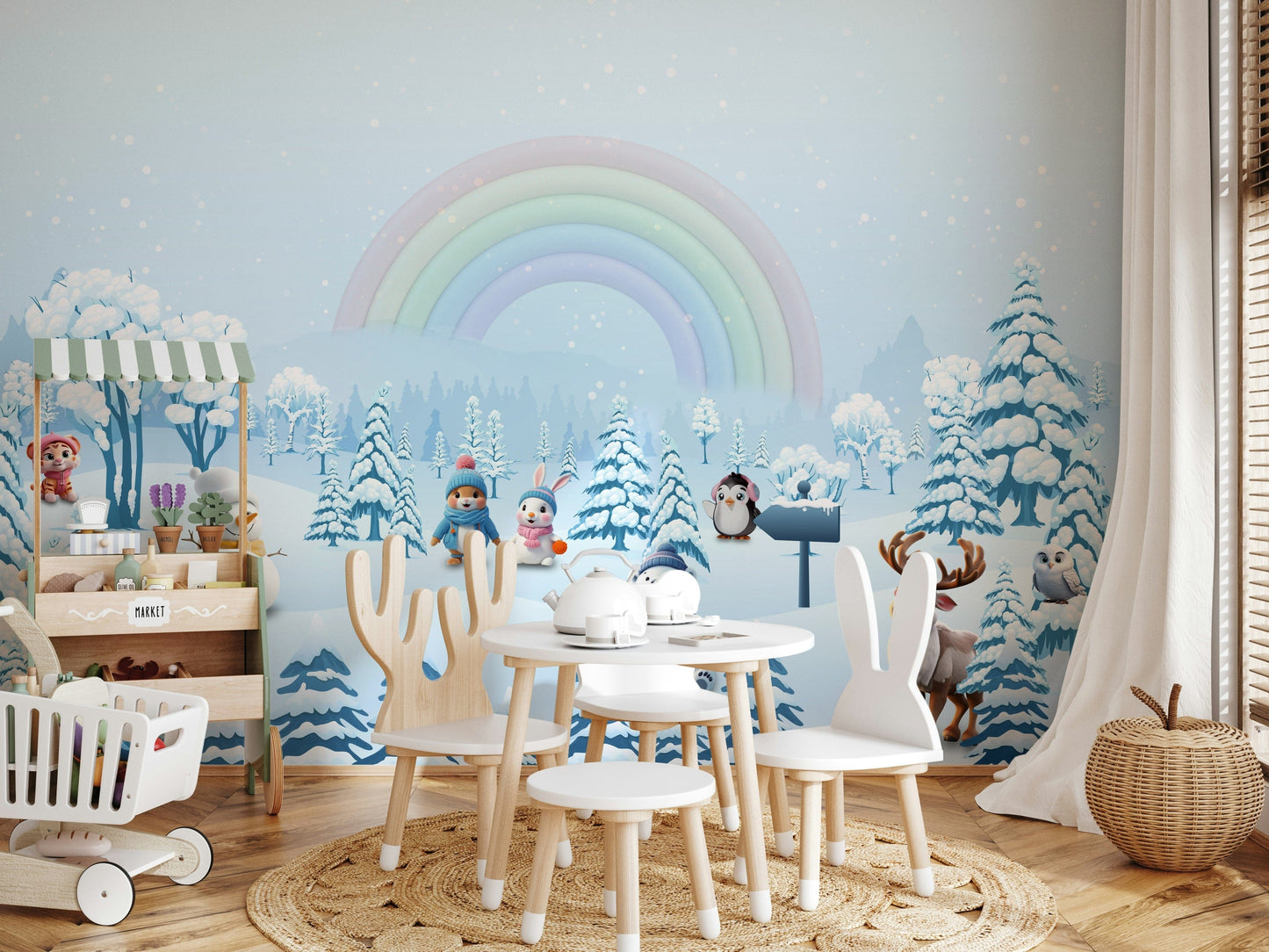 Playroom wall decor with Winter Friends' Rainbow Wall Mural.