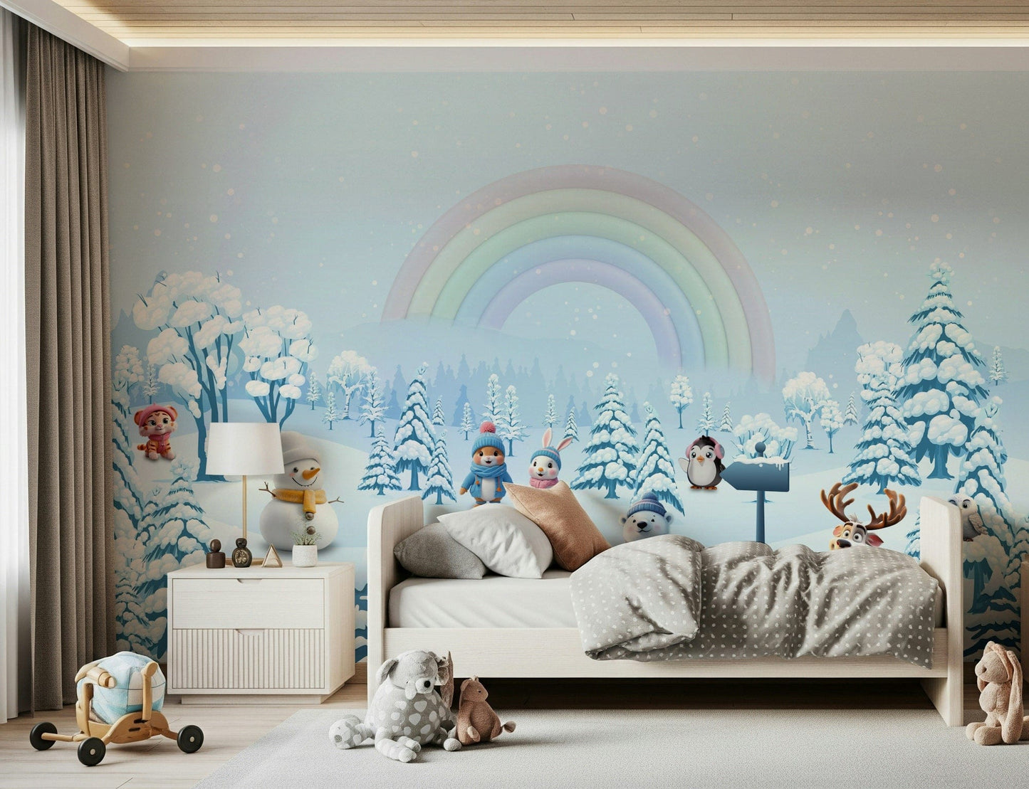 Kids playroom feature wall with rainbow and winter animals mural, modern storage and soft color decor